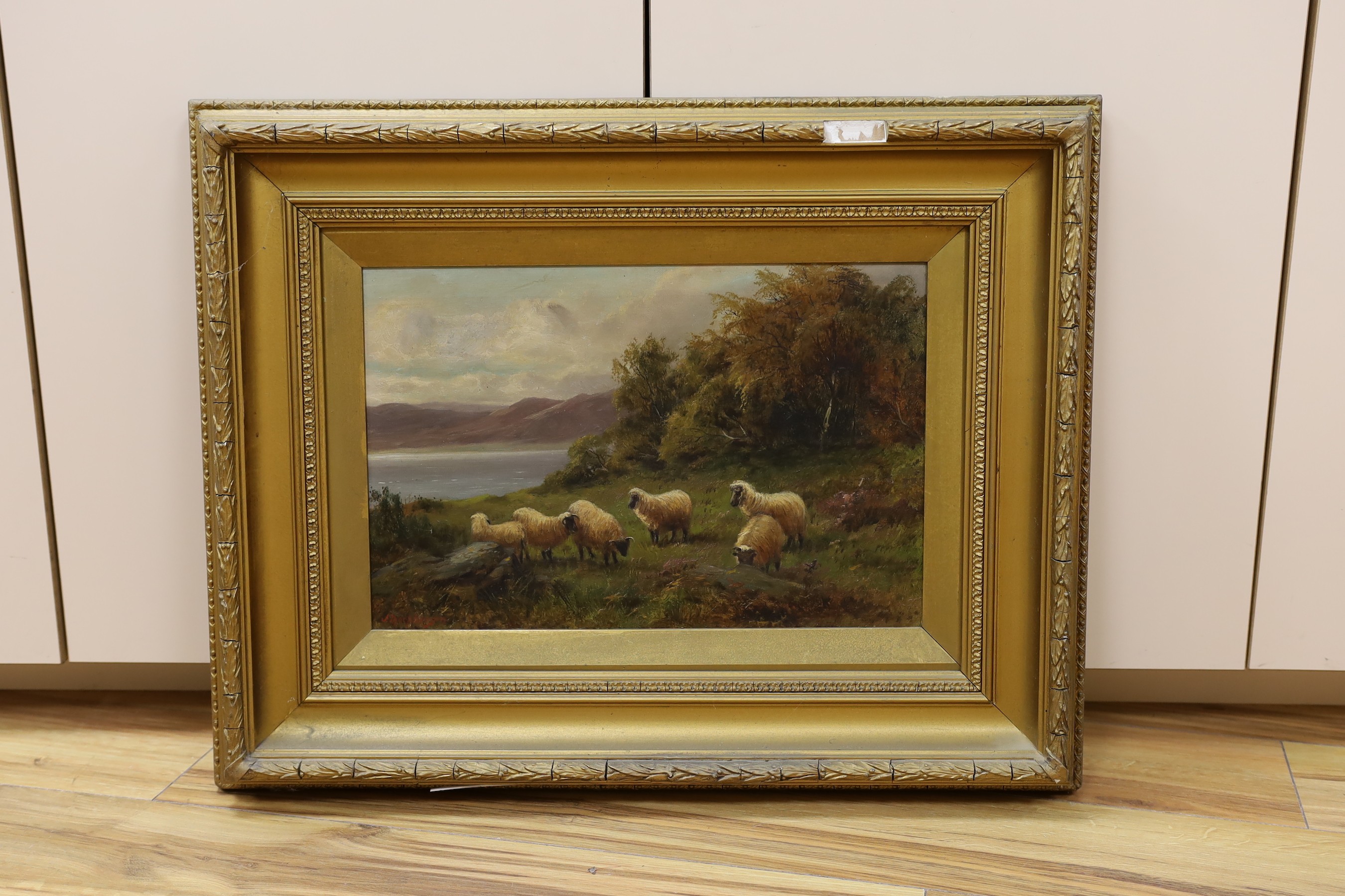 John Macpherson (Exh. 1865-1884), oil on canvas, Sheep beside a loch, signed, 29 x 44cm